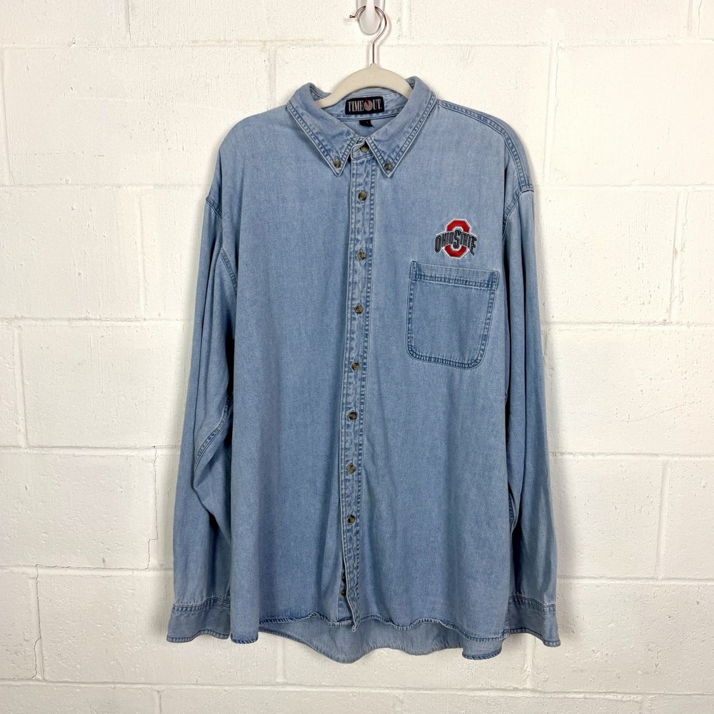 Vintage Time Out Ohio State Denim Shirt Mens XXXL Embroidered Logo Football Fan
